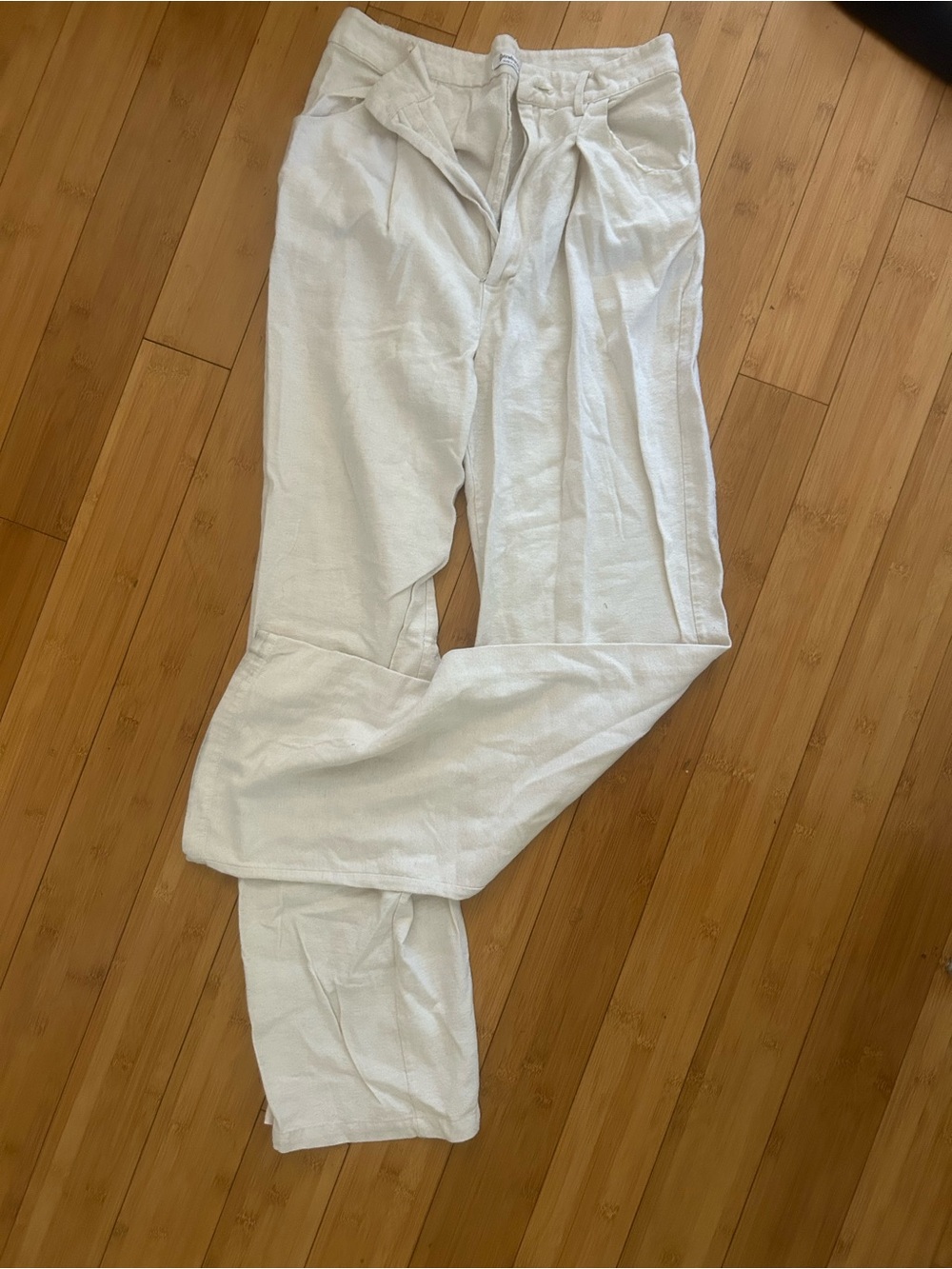 Stradivarius Linen Blend Pant Women EU40US8 Cream High Rise Straight Leg Coastal